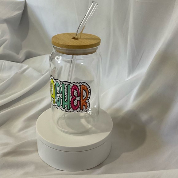 14 Ounce Handmade Clear Glass Can Cup, Bamboo Lid & Straw, Teacher - Picture 4 of 5